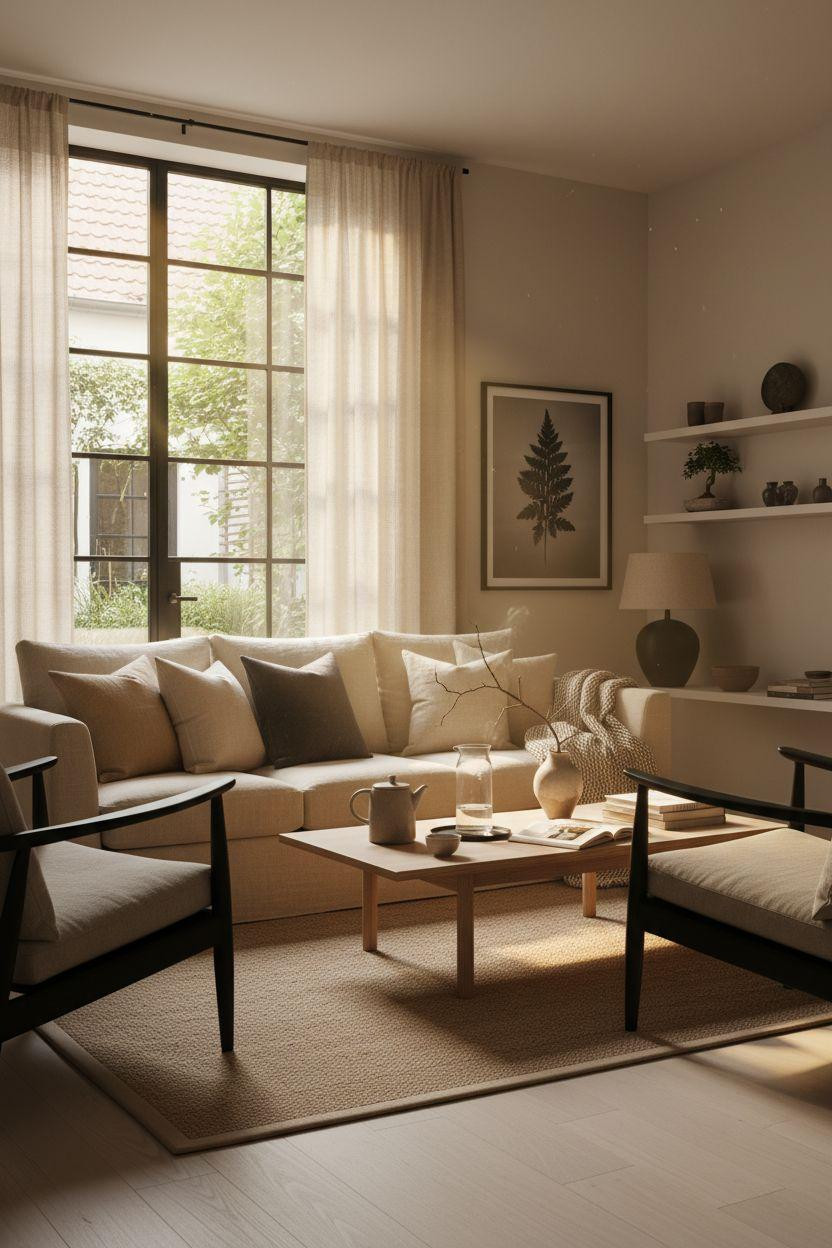 Living room seating with sheer curtains and soft fabrics
