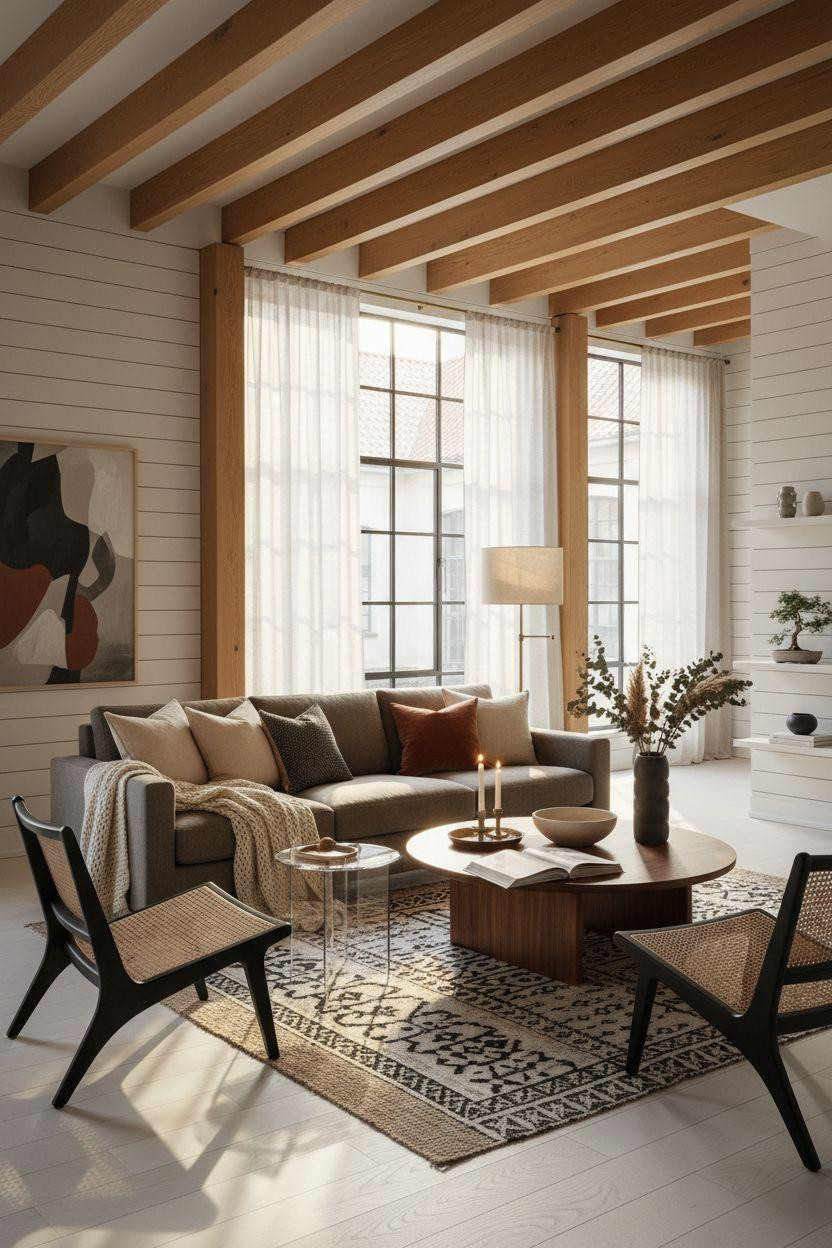 Living room seating with open shelving and pottery display