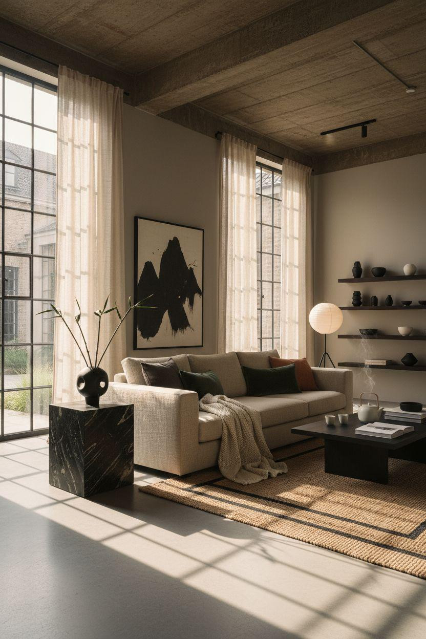 Living room seating with steel windows and patterned cushions