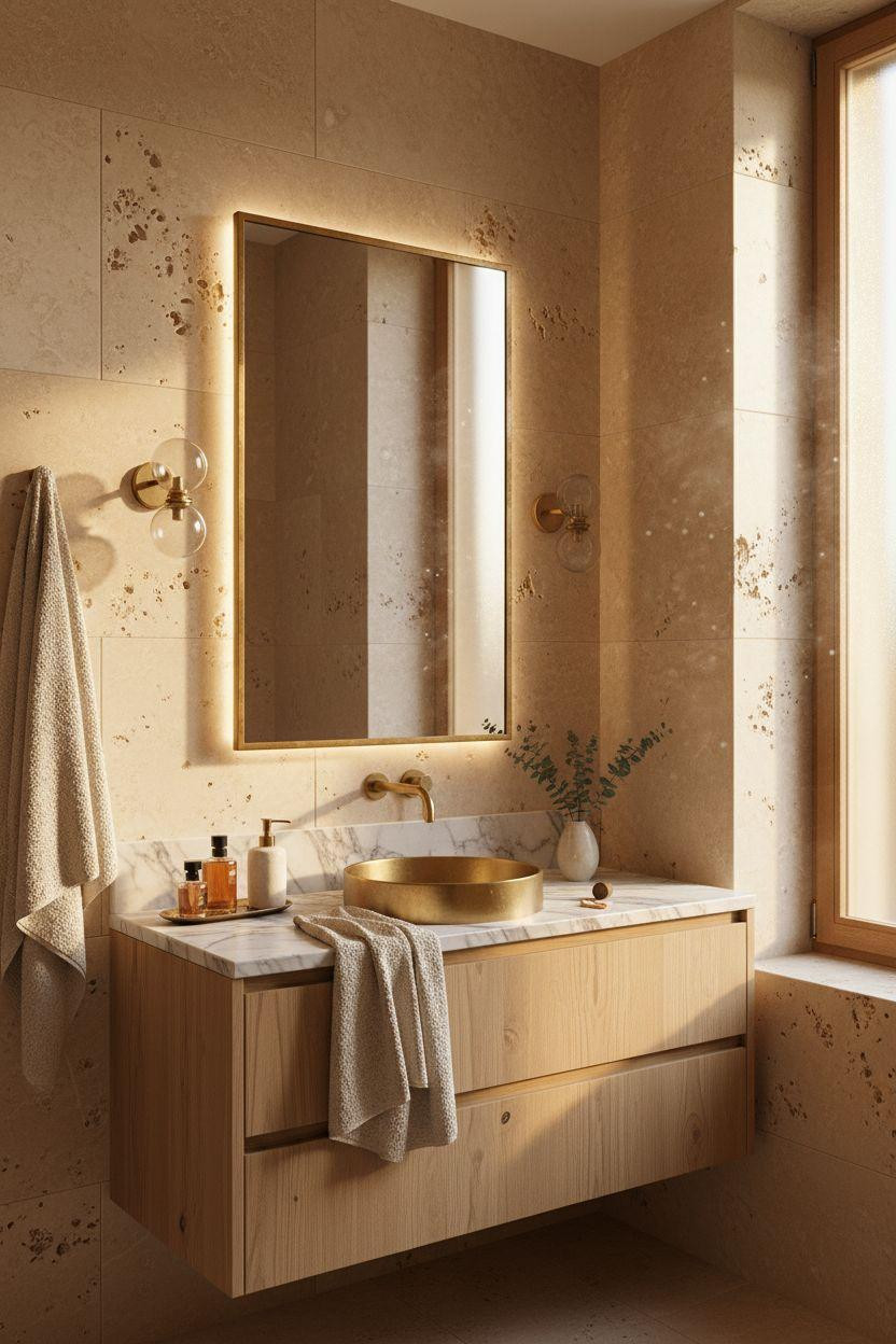 Bathroom Mirror - brass framed mirror with travertine walls and luxury styling