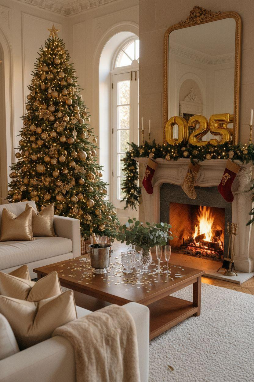 new year decorations ideas - Christmas tree and fireplace with New Year decor