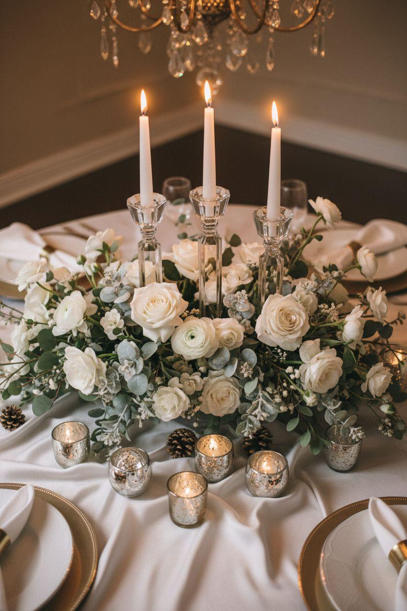 Holiday centerpieces for tables with crystal candleholders and white florals