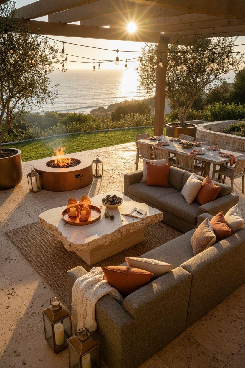 Backyard patio ideas showcasing full layout with copper fire pit and sectional