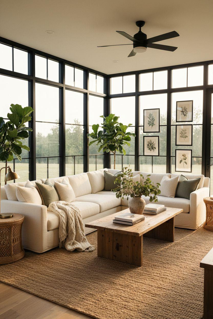 All season room ideas featuring cream sectional with black ceiling fan and botanical prints