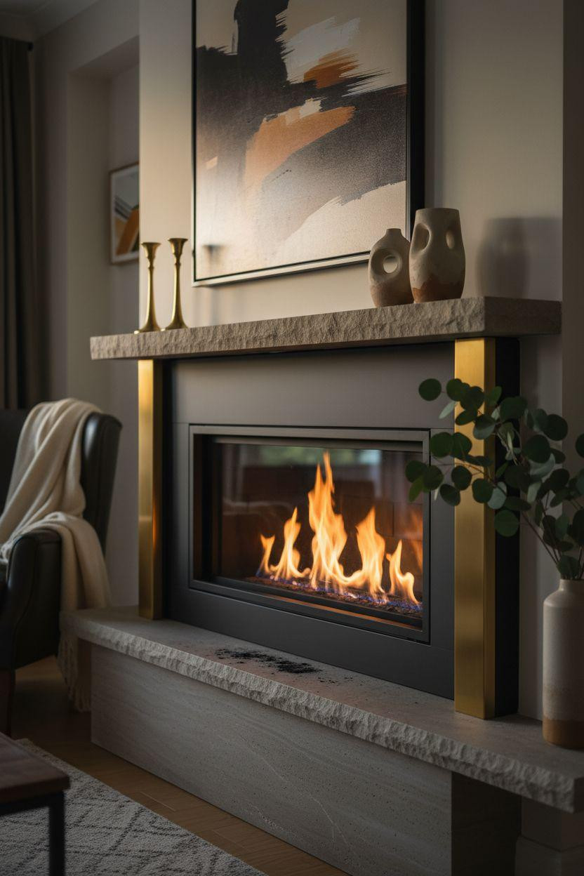 Fireplace Ideas - black fireplace with brass accents