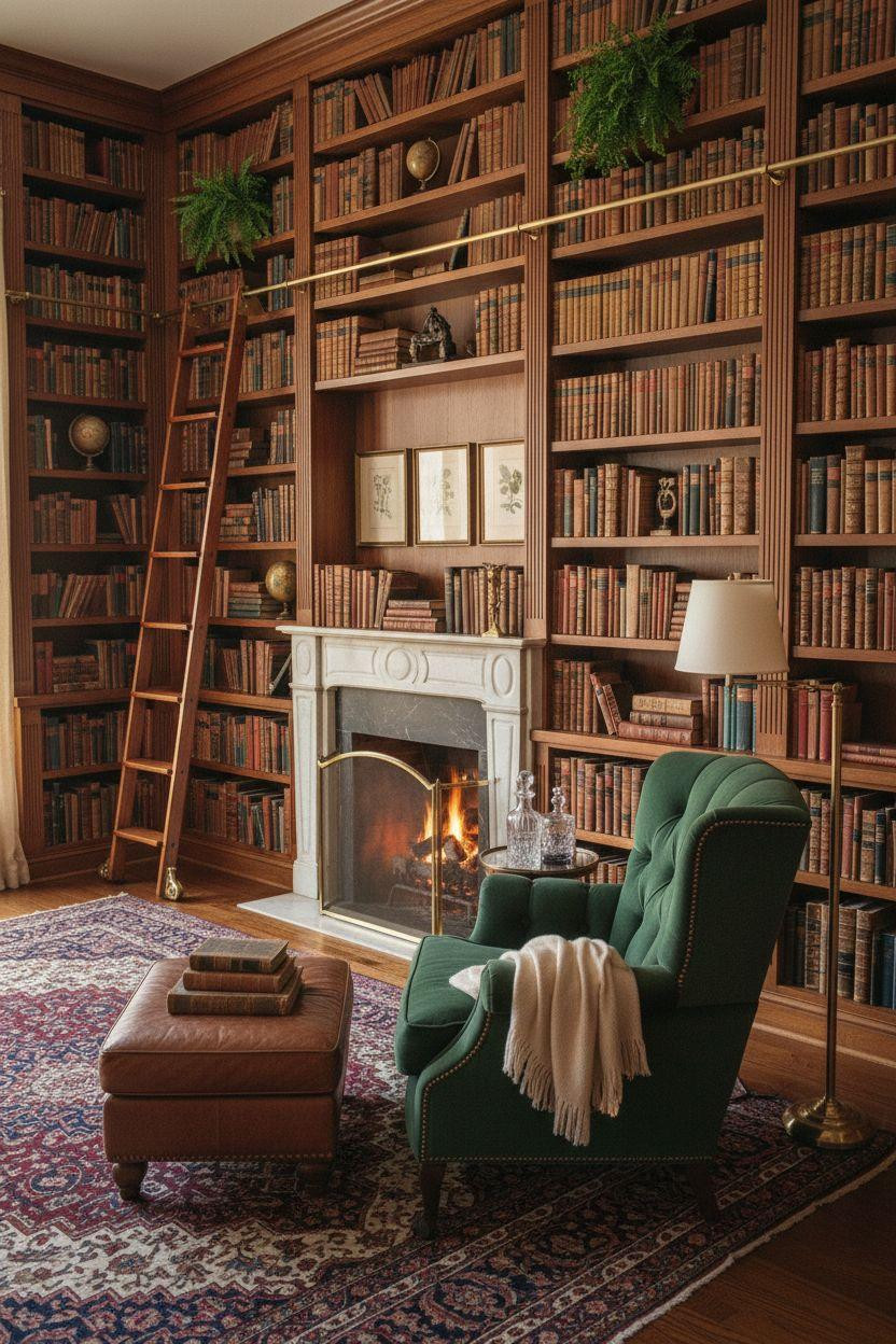 Dream Home Library Ideas - emerald velvet chair with marble fireplace