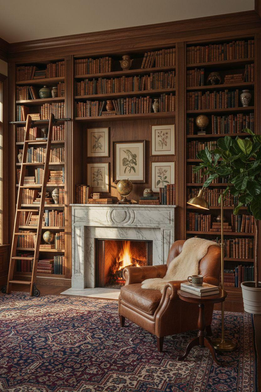 Cozy Home Library Ideas with marble fireplace and fire