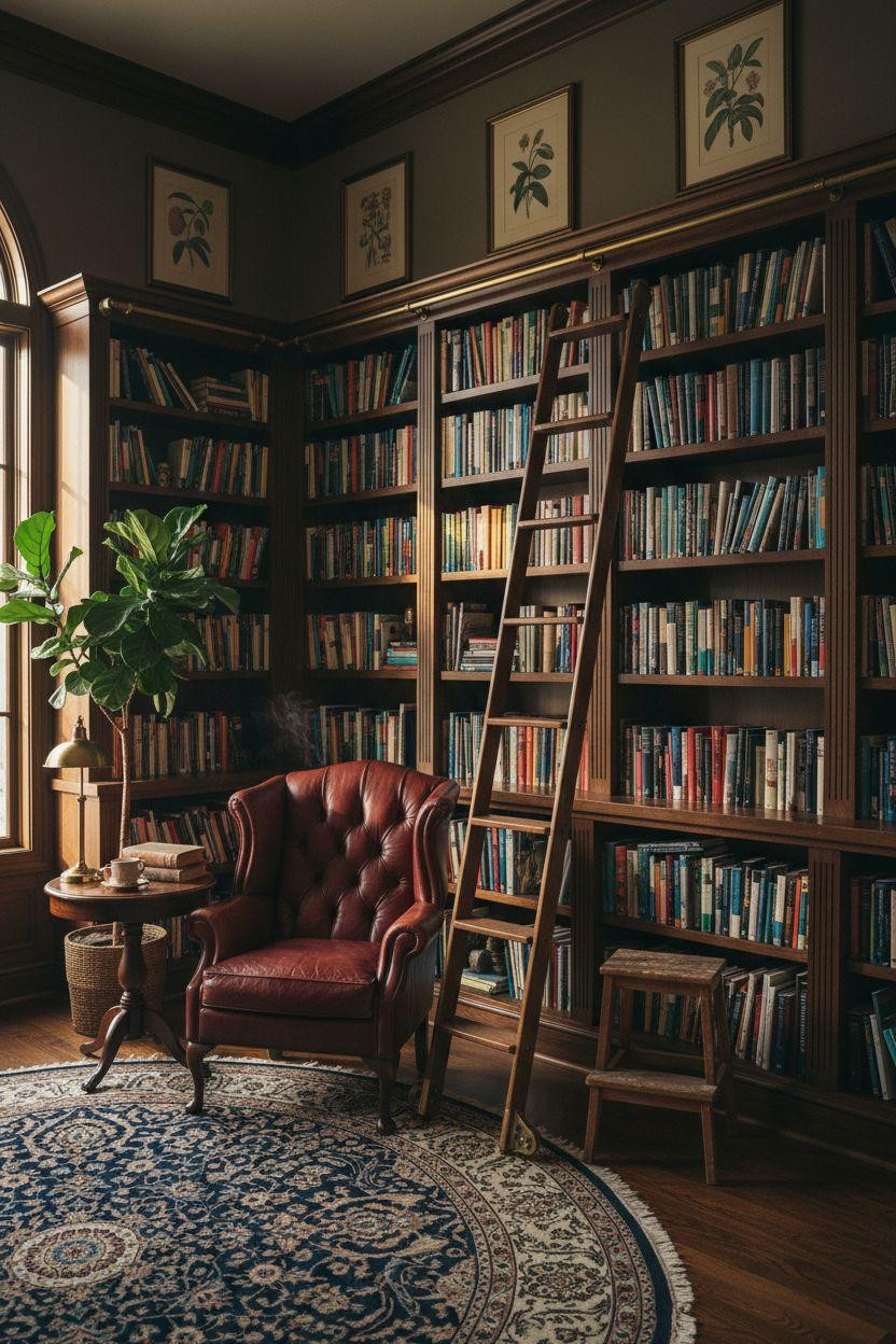 Dream Home Library Ideas - walnut bookshelves with burgundy leather chair
