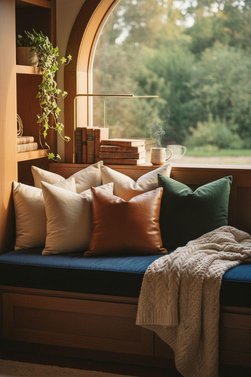 Dream Home Library Ideas - navy velvet window seat reading nook