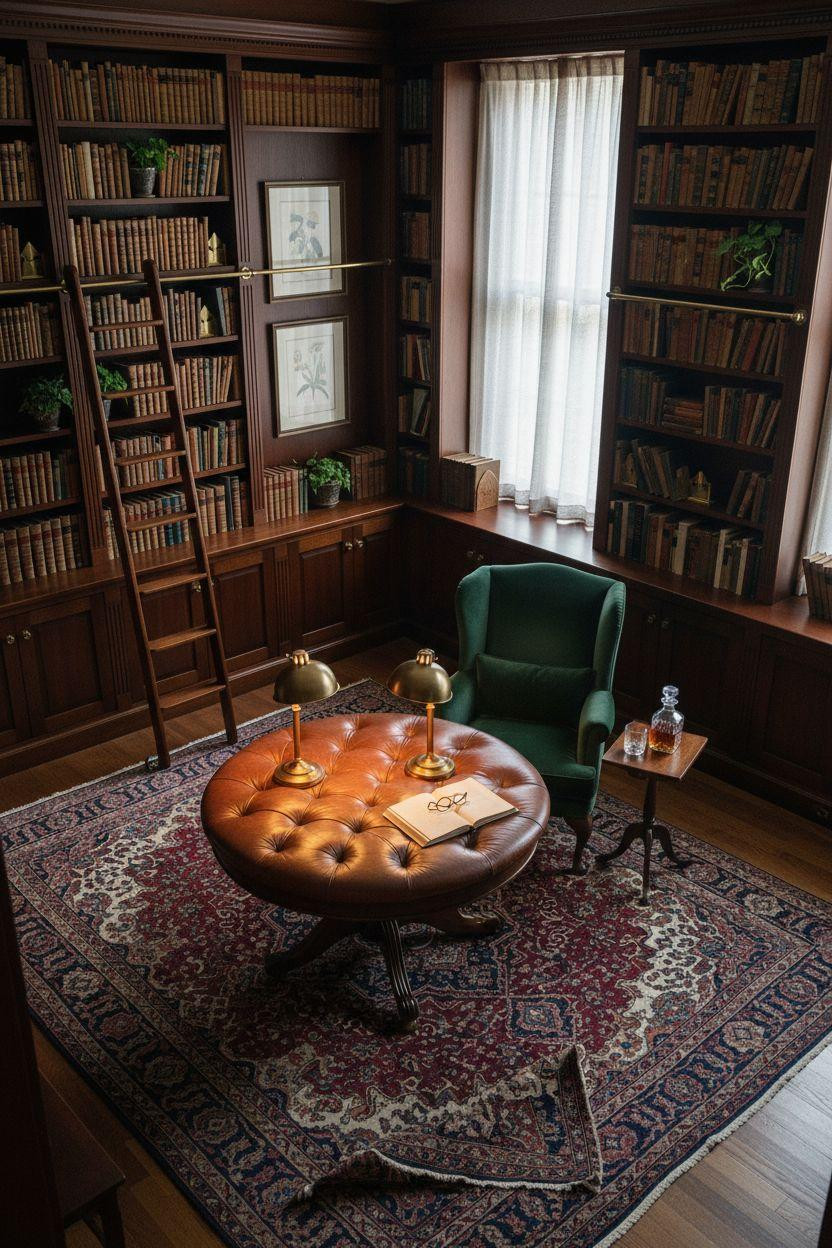 Home Library Rooms Ideas - elegant library with tufted table and velvet seating