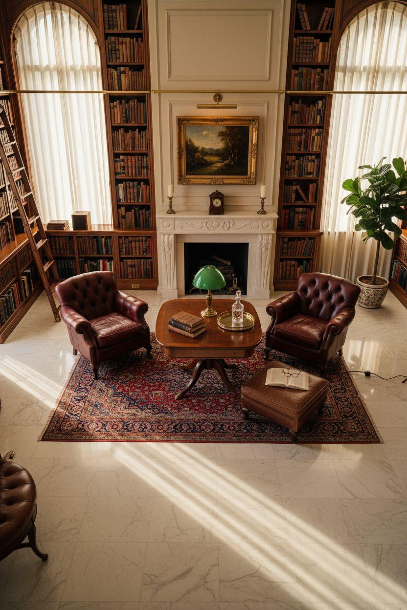 Dream Home Library Ideas - mahogany shelves with marble flooring