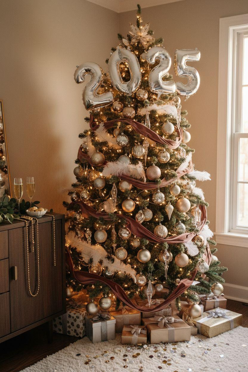 new year decorations ideas - metallic ornament Christmas tree with 2025 balloons