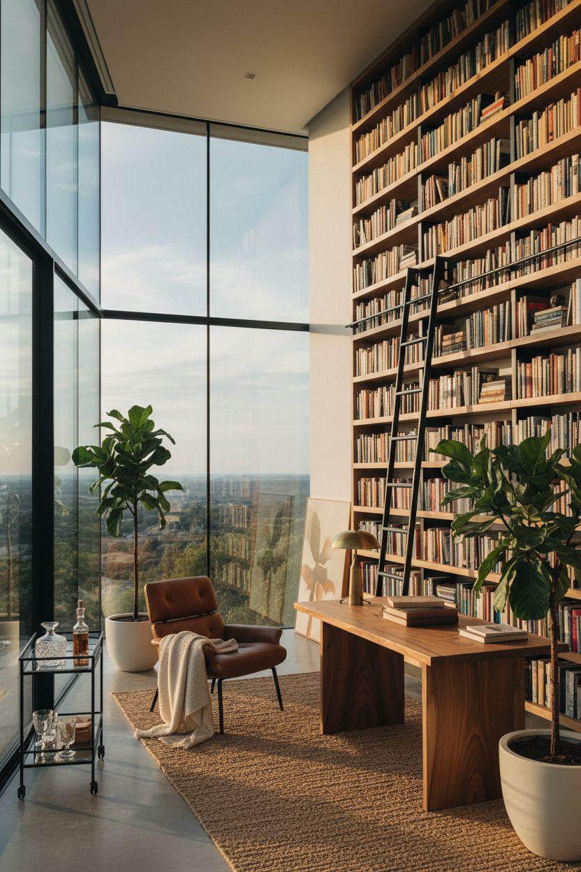 Dream Home Library Ideas - modern library with glass walls and oak shelves