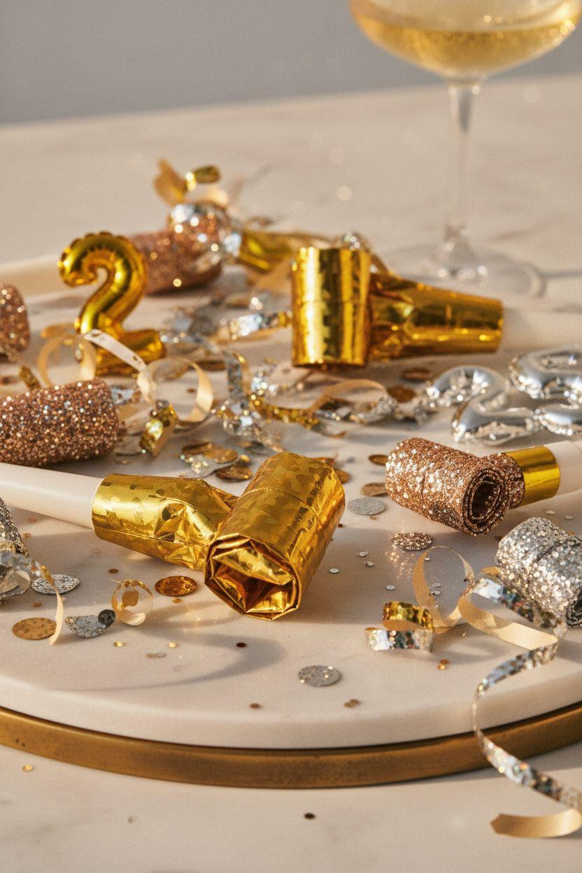 new year decorations ideas - gold party horns and glitter accessories