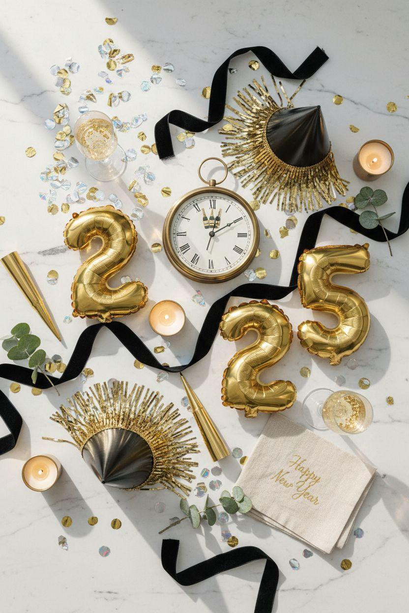 new year decorations ideas - flat lay of party hats and decorations
