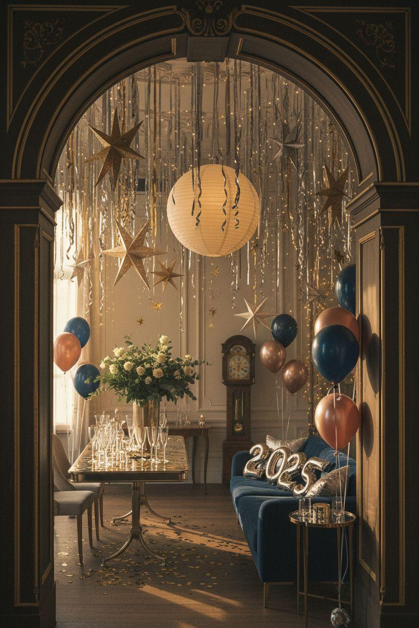 new year decorations ideas - hanging moon lantern and metallic streamers