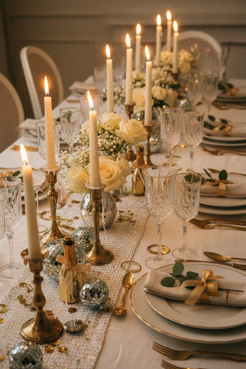 New Year table decoration with crystal and white linens