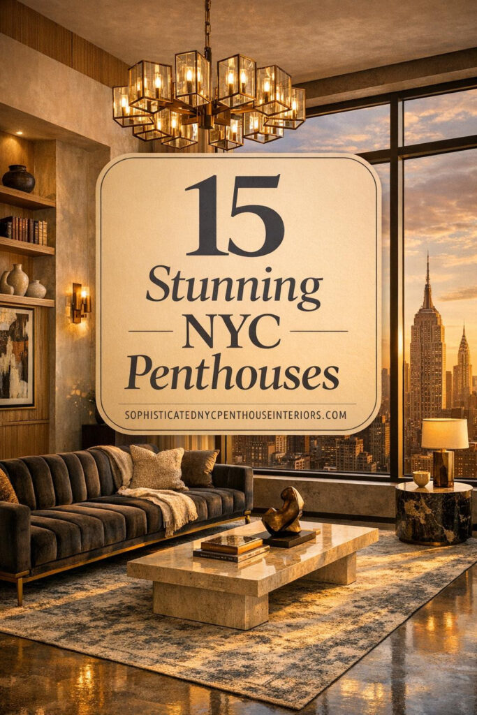 Sophisticated urban living room in NYC penthouse with floor-to-ceiling windows framing Manhattan skyline at golden hour. Charcoal velvet sofa on brass legs, travertine coffee table, silk rug, brass chandelier, and curated art on warm plaster walls with oak millwork.