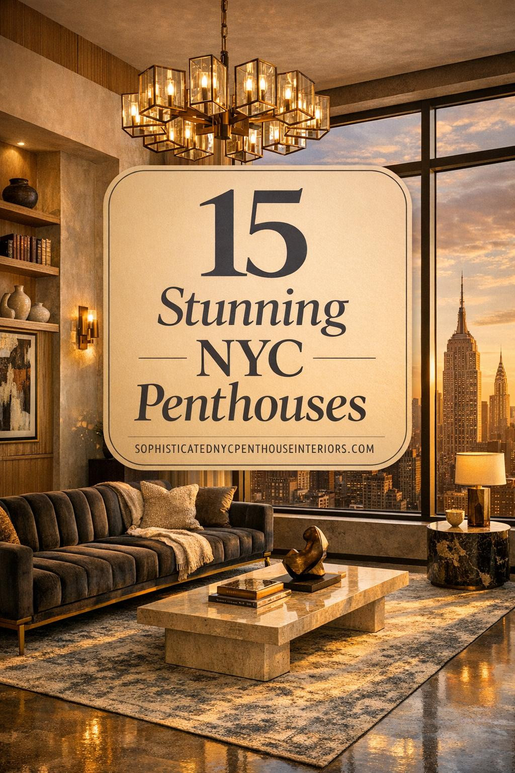 Sophisticated urban living room in NYC penthouse with floor-to-ceiling windows framing Manhattan skyline at golden hour. Charcoal velvet sofa on brass legs, travertine coffee table, silk rug, brass chandelier, and curated art on warm plaster walls with oak millwork.