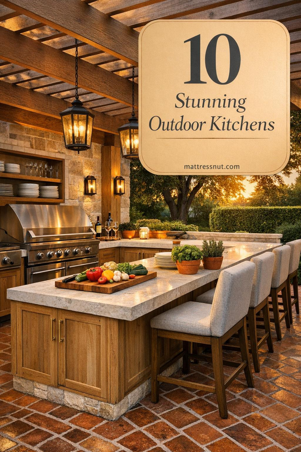 Luxurious backyard outdoor kitchen with custom stainless steel grilling station, honed limestone countertops, white oak shaker cabinets, raised bar seating, cedar pergola for shade, warm pendant lighting, terracotta herringbone flooring, fresh herbs, and manicured landscaping in golden hour glow.