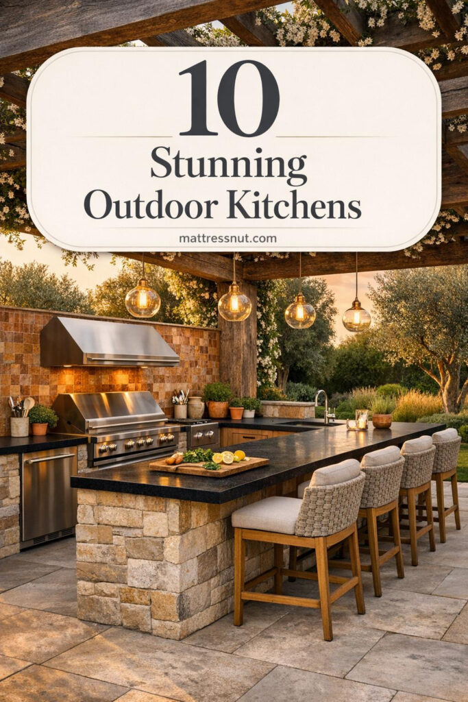 Elegant backyard outdoor kitchen with L-shaped black granite counters, built-in stainless steel grill and appliances, terracotta zellige tile backsplash, cedar pergola draped in jasmine, brass pendant lights, upholstered barstools, limestone patio, and golden hour glow over manicured lawn with olive trees.