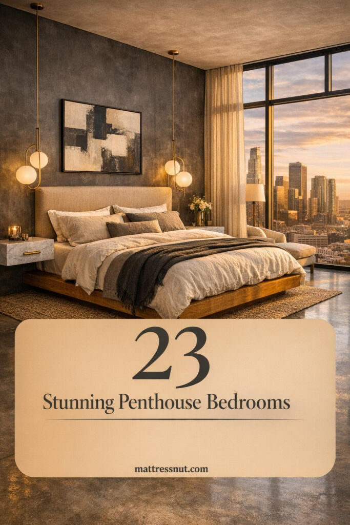 Luxurious penthouse bedroom with floor-to-ceiling windows revealing dramatic city skyline at golden hour. Features upholstered Belgian linen headboard, custom white oak platform bed, Carrara marble nightstands, brass lighting, abstract art, jute rug, and reading nook with soft light filtering through sheer curtains.