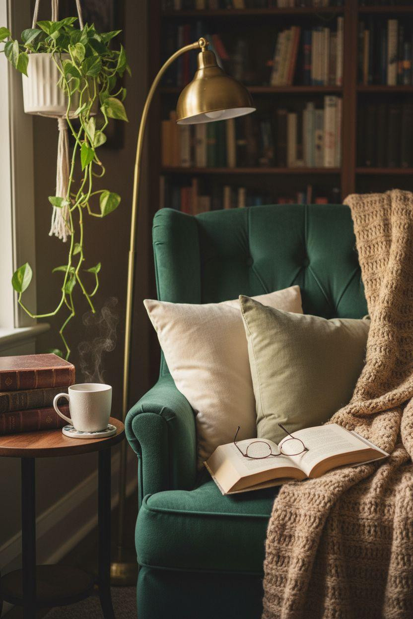 Cozy Home Library Ideas emerald armchair with luxe textiles