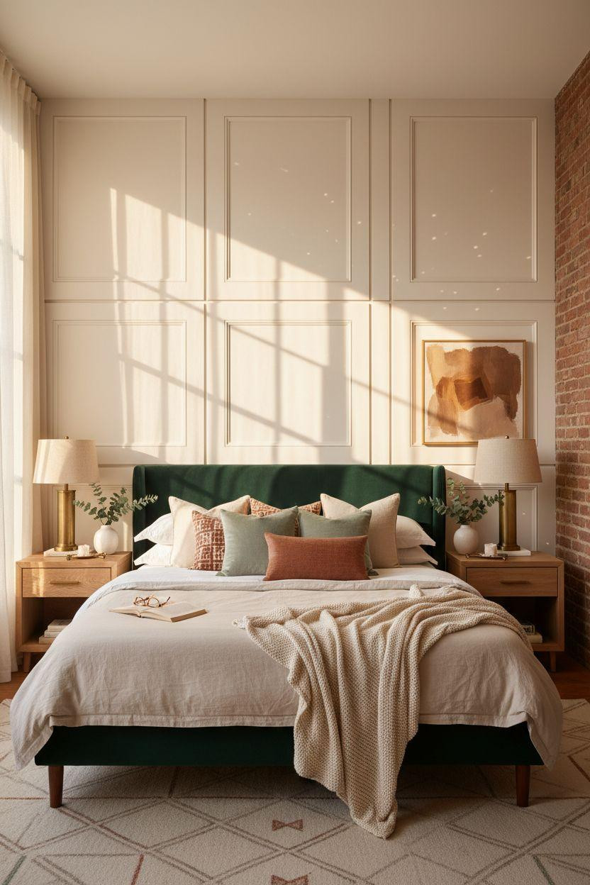 Wainscoting bedroom with bold geometric paneling in loft conversion