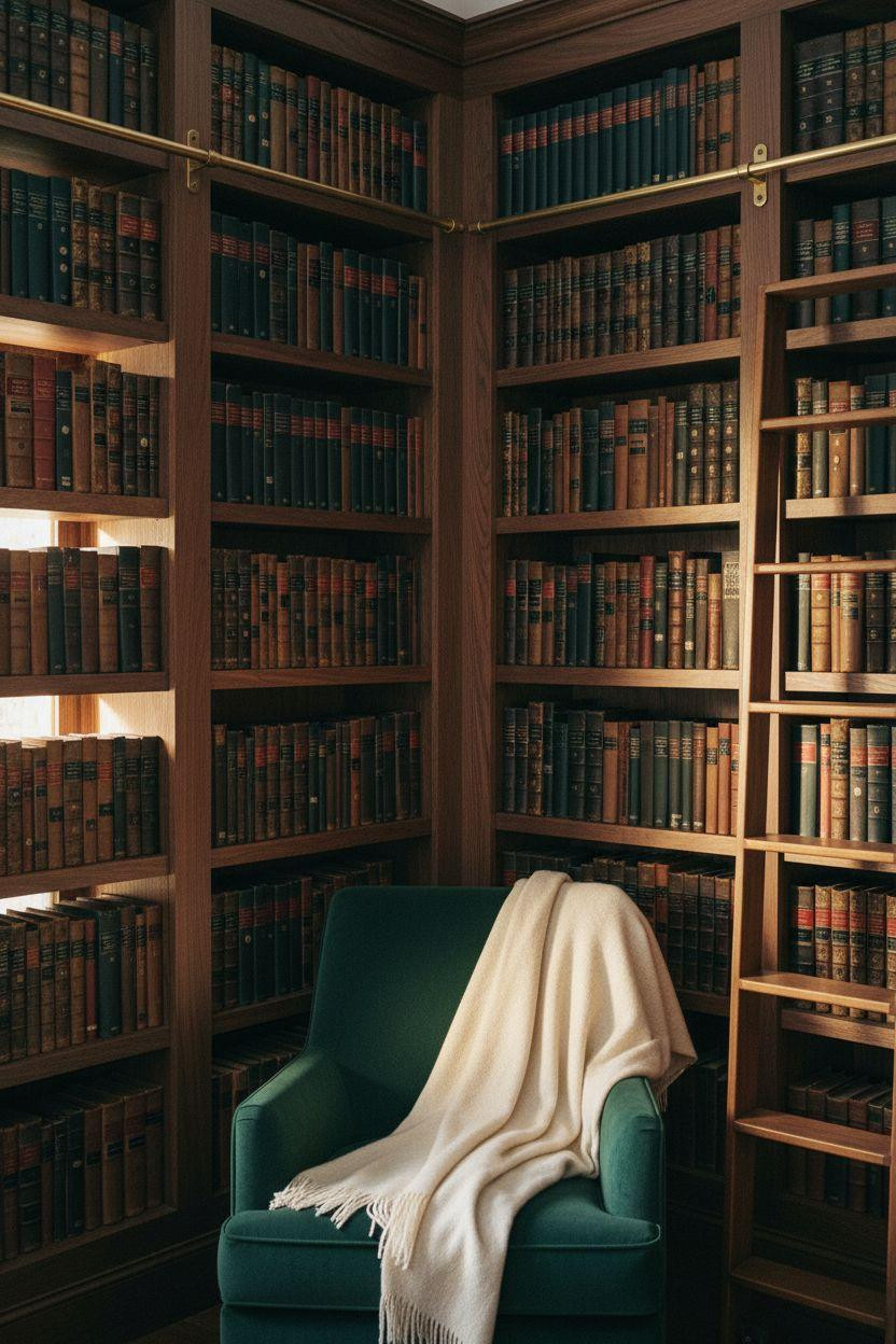 Corner bookshelf - floor-to-ceiling walnut with brass ladder hardware
