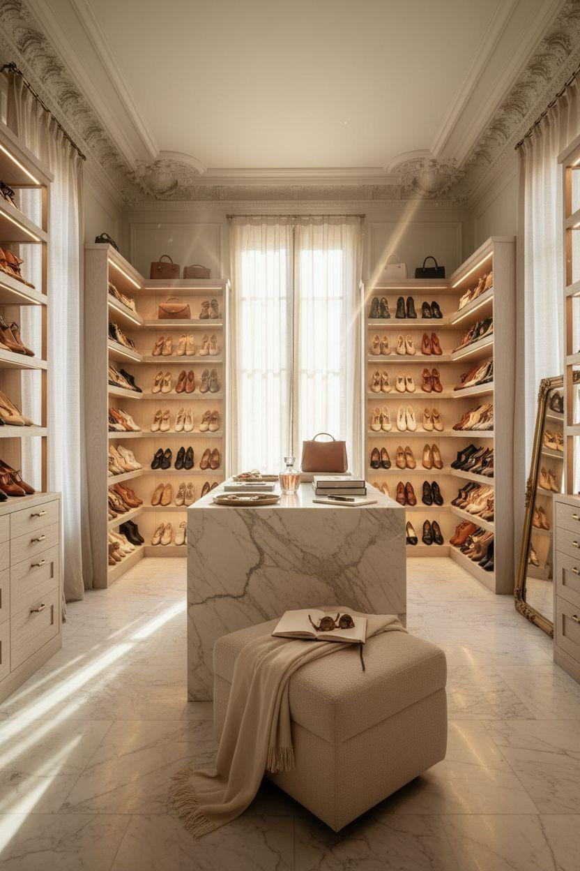 Closet Shoe Storage featuring floor-to-ceiling shelves with marble center island