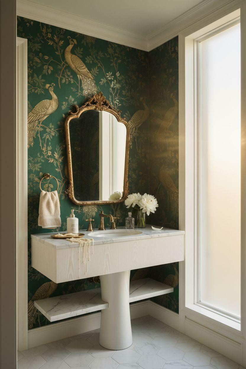 Powder Room Ideas - emerald green silk wallpaper with gold peacock