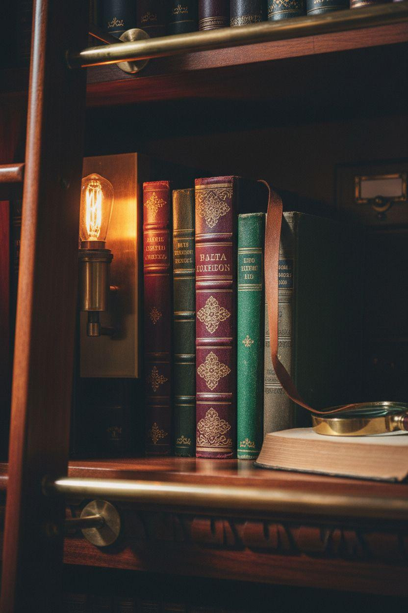 Dream Home Library Ideas - brass ladder detail with leather books