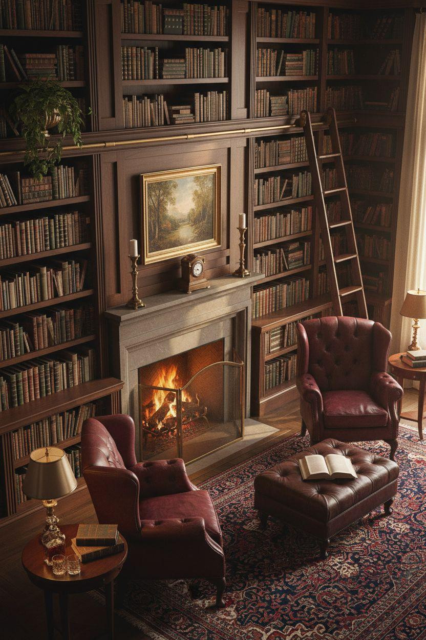 Dream Home Library Ideas - walnut shelves with stone fireplace