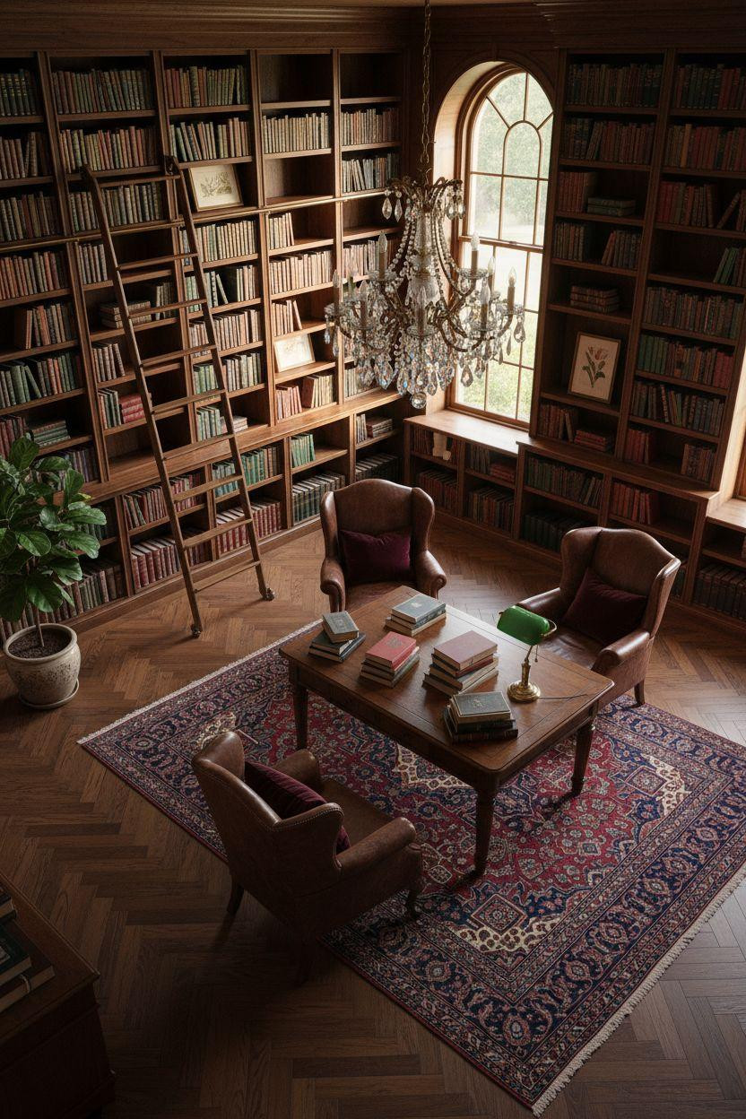 Dream Home Library Ideas - herringbone floors with crystal chandelier