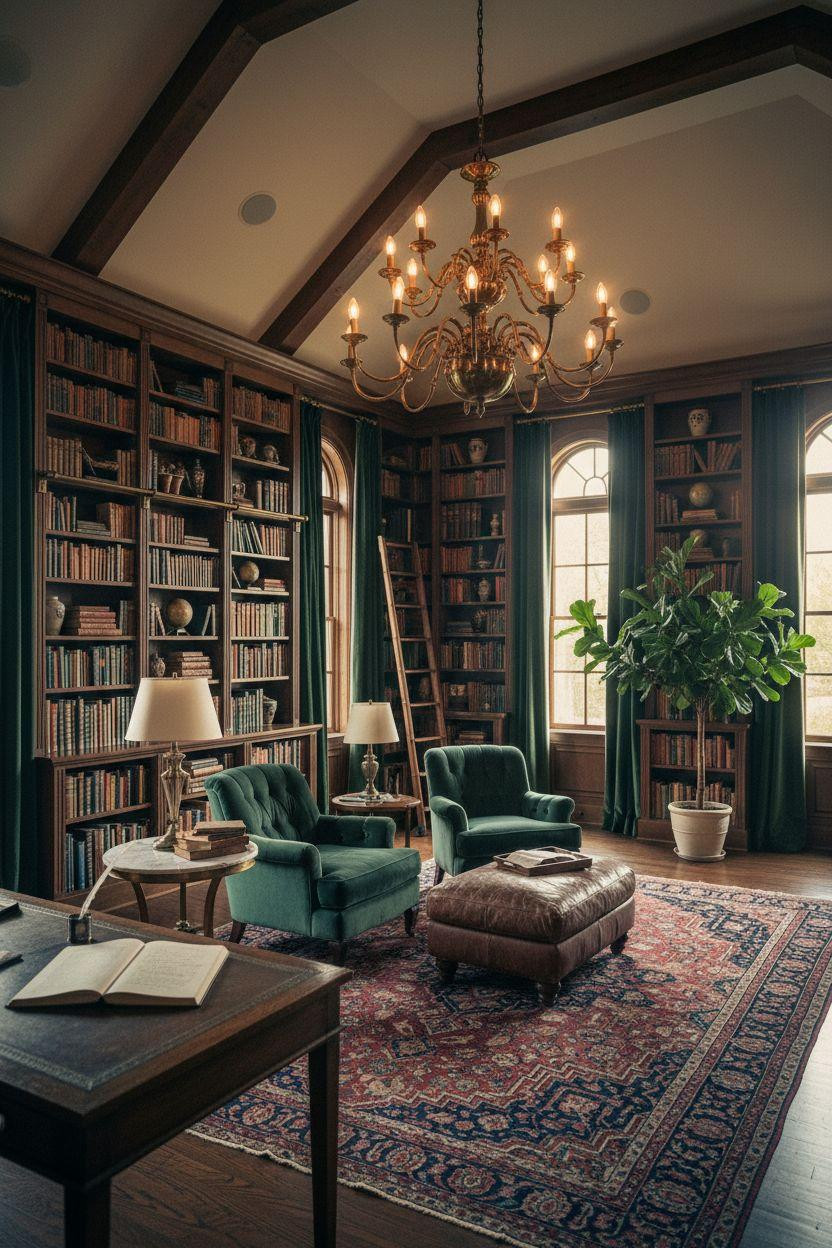 Cozy Home Library Ideas with vaulted ceiling and chandelier