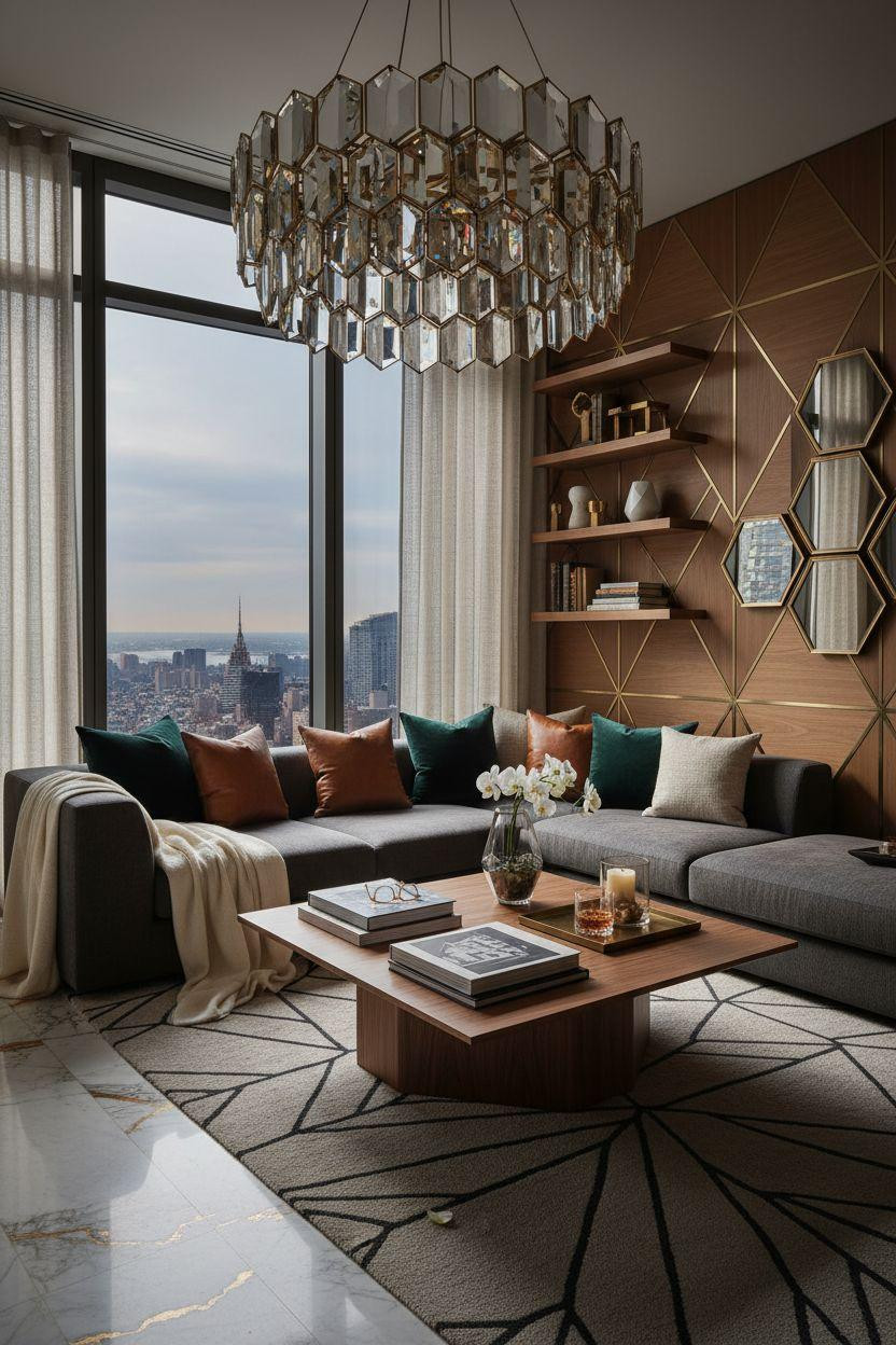 Penthouse Apartment - sophisticated geometric chandelier lighting