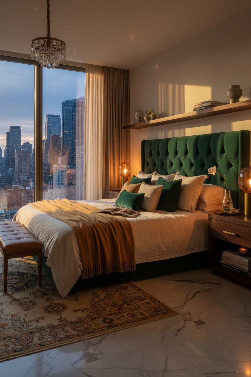 Penthouse Bedroom Ideas - emerald velvet with Persian runner
