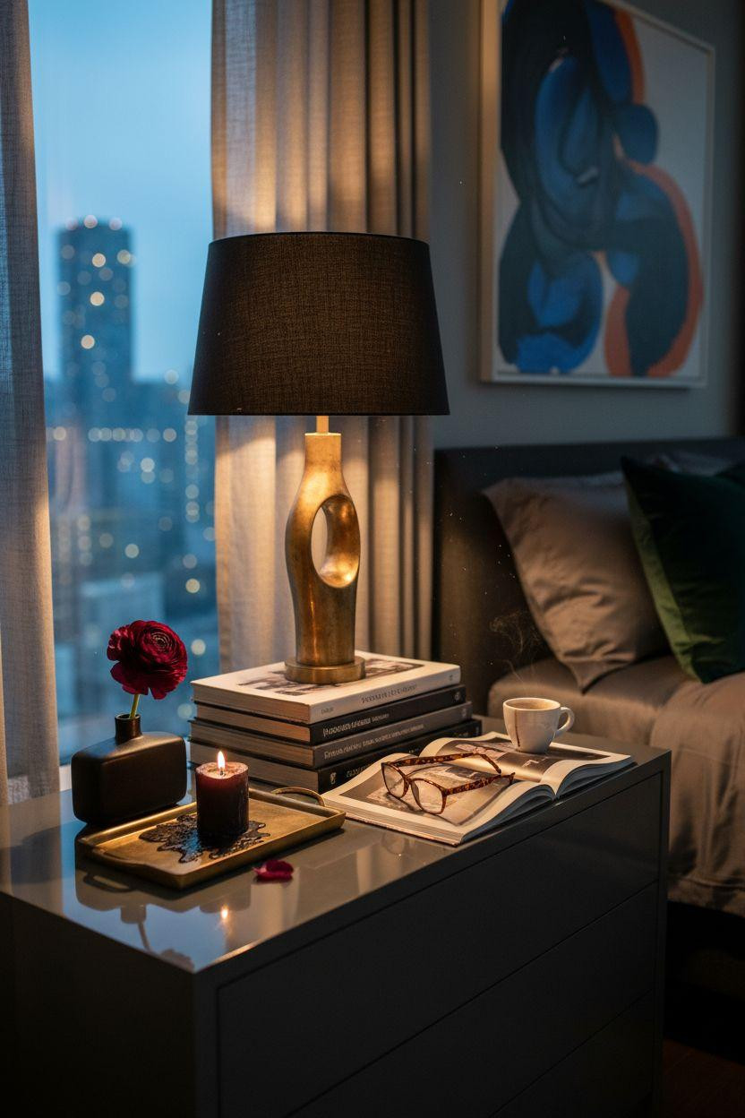 Penthouse Bedroom Ideas - charcoal lacquer with burnt orange art