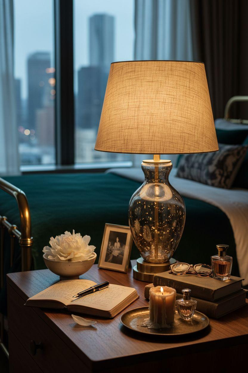 Penthouse Bedroom Ideas - layered styling with Murano glass lamp