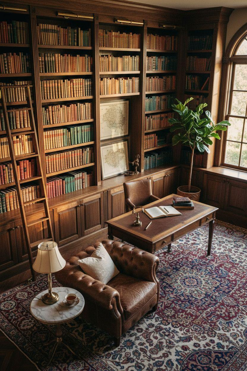 Dream Home Library Ideas - symmetrical walnut shelves organized by color