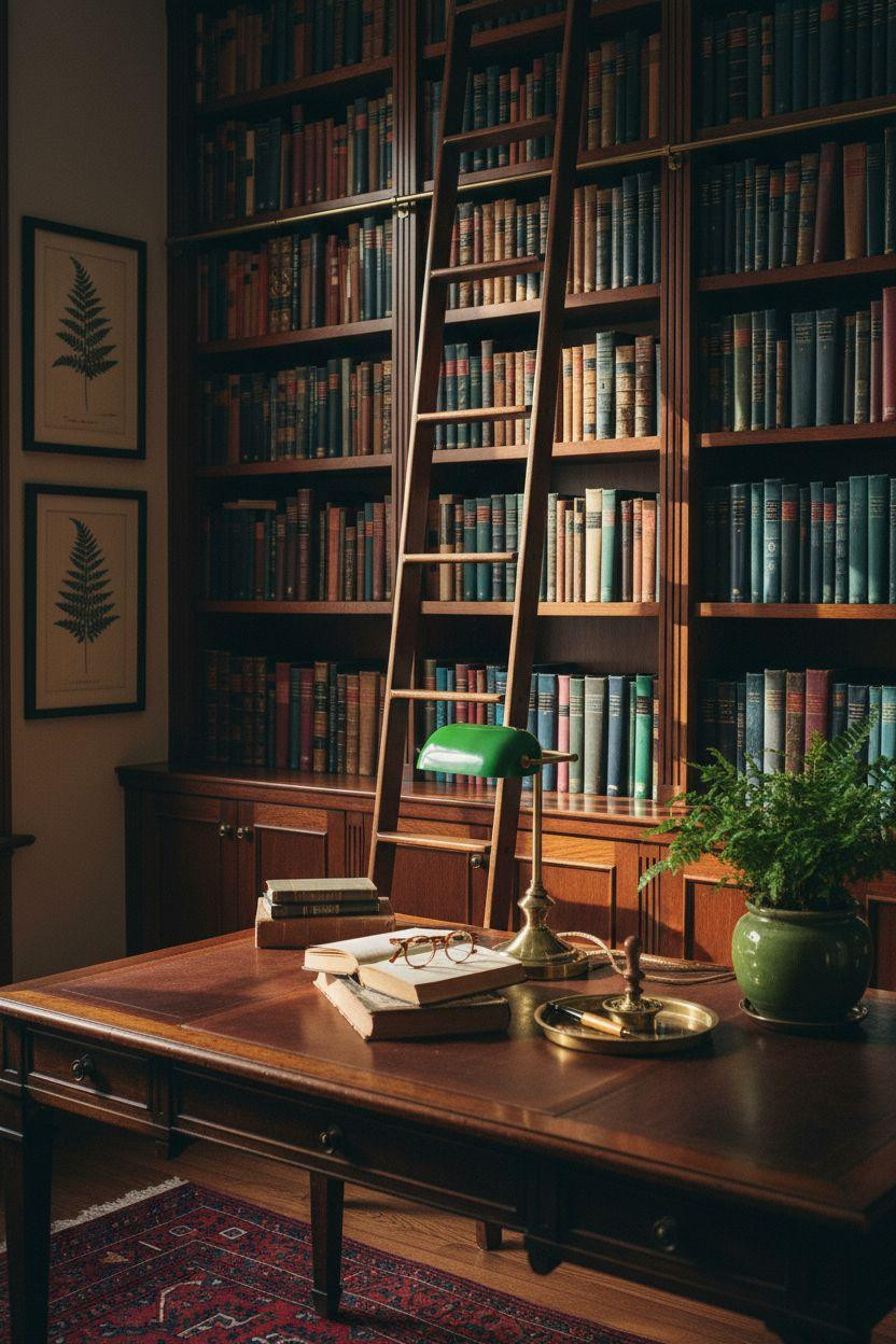 Home Office Library Ideas - mahogany shelves with vintage brass ladder and desk lamp