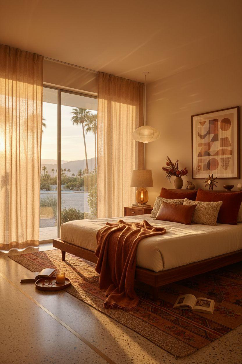 Mcm bedroom ideas - spacious bedroom with terrazzo and brass details