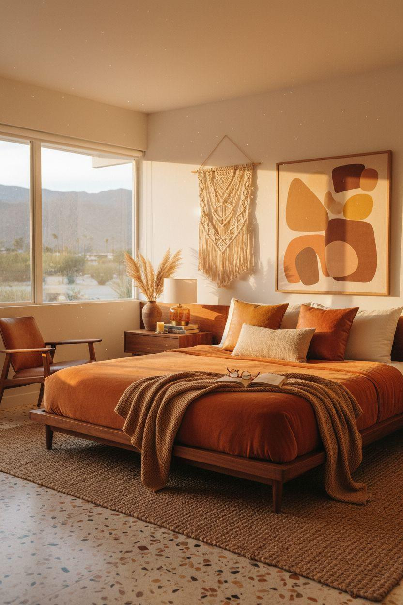 Mcm bedroom ideas - intimate setup with macrame and brass accents