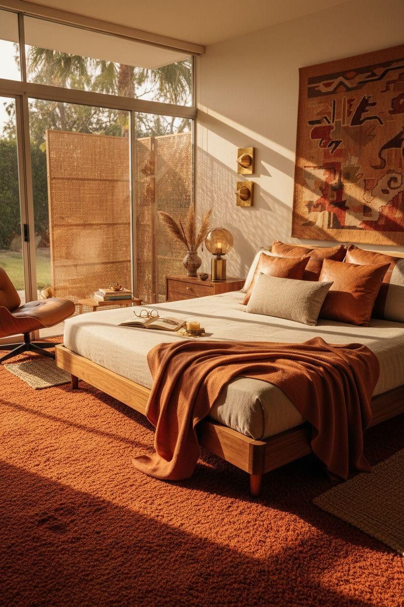 Mcm bedroom ideas - sunny bedroom with woven rattan dividers