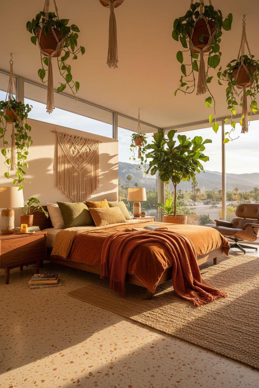 Mcm bedroom ideas - plant-filled eclectic bedroom with macrame