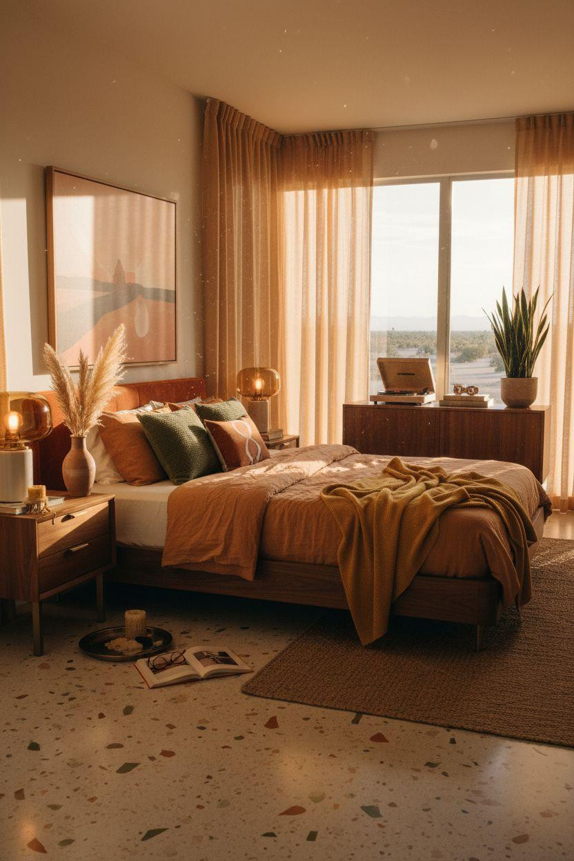 Mcm bedroom ideas - warm Palm Springs bedroom with platform bed