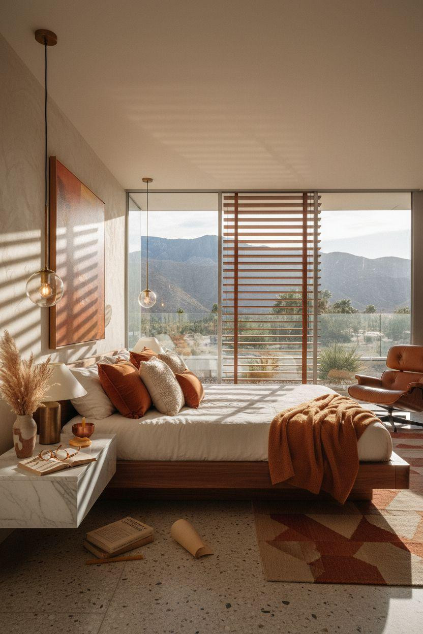 Mcm bedroom ideas - dramatic bedroom with wood slat blinds