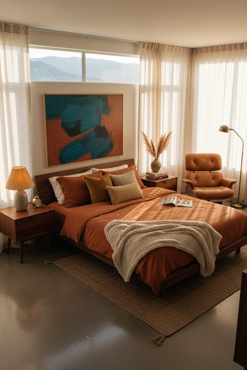 Mcm bedroom ideas - styled overhead shot with layered details