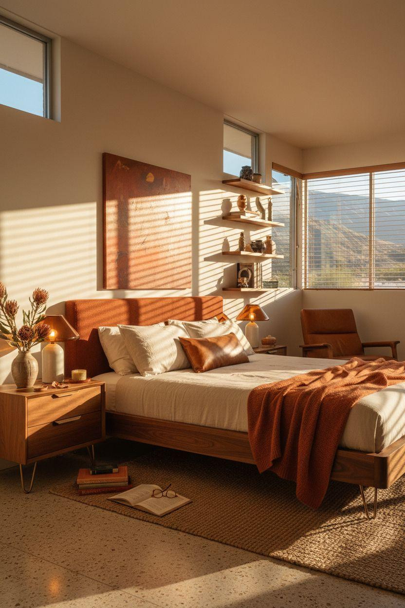 Mcm bedroom ideas - bedroom with dramatic slat blind shadows