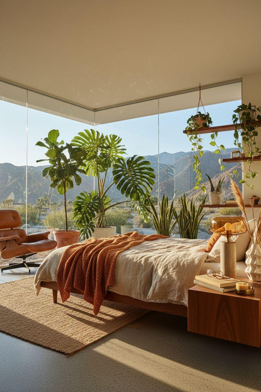 Mcm bedroom ideas - minimalist bedroom with indoor plants